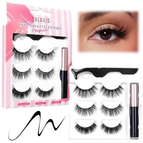 CALAILIS Magnetische Wimpern für Frauen, Natürliche wiederverwendbare Magnetwimpern 3 Paar Falsche Wimpern mit Magnet und Pinzette sowie wasserfeste Wimperntusche (CY302)