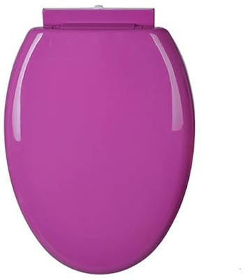 Asiento de inodoro alargado de color morado con tapa de cierre suave y bisagra ajustable.