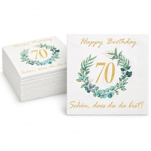 Tourima 30 Servietten zum 70. Geburtstag, 33 x 33 cm Tischdeko Grün Gold | 30 Servietten mit goldener 70, grünem Blätterkranz und „Schön, dass du da bist!“ gestalten die Geburtstagstafel stilvoll.