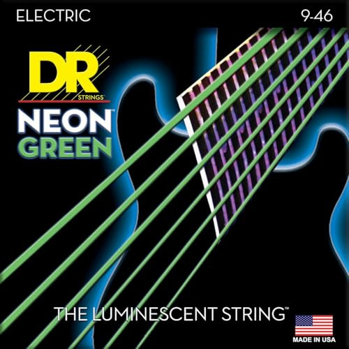 DR Strings Hi-Def Neon Grün NGE-9/46 – E-Gitarre Light/Medium 9-46 | UV- & Schwarzlicht-Effekt, K3-Beschichtung, Lange Haltbarkeit, Klarer Klang, Hex Core, Silver Plated Steel