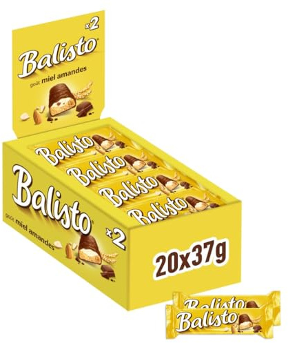 BALISTO - Barre Biscuit Céréales et Chocolat au Lait - 20 x 37g - Goût Miel & Amande - Boite de Barres Chocolatées - Grand Format - 740g