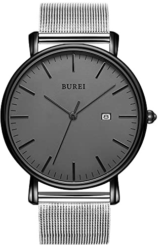BUREI Ultra Dünne Uhren Herren Analoges Datum Armbanduhr Herren mit Japanisches Quarzwerk, Geschenke für Männer (Dunkelgrau und Silber, Edelstahl)