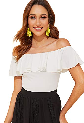 WDIRARA Women's Stretchy Off Shoulder Flounce Sleeve Sexy Slim Blouse Tops Shirt White Medium