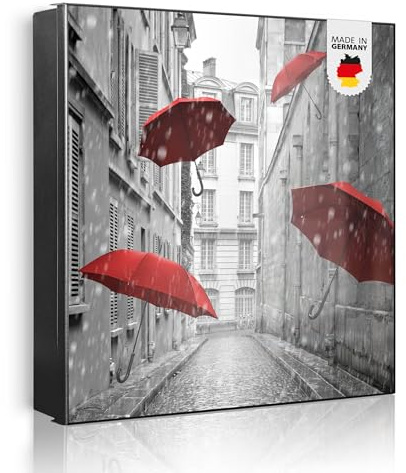 banjado Großer Schlüsselkasten Metall - Schlüsselbox 30x30cm beschreibbarer mit 32 Haken - Schlüsselkasten modern für Schlüsselaufbewahrung - Korpus Schwarz Scharnier Links - Motiv Rote Schirme