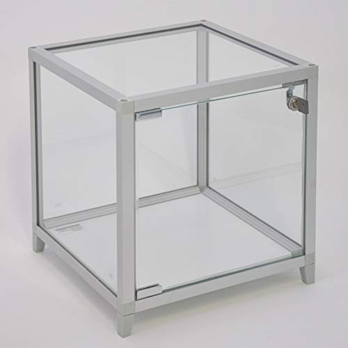 MHN Vitrinenwürfel T 42,8 x B 42,8 x H 42,8 cm - kleine Glasvitrine Würfel abschließbar - beleuchtete Aufsatzvitrine - quadratische Vitrine Glas - silberner Schaukasten LED-Beleuchtung