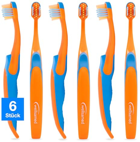 Wellsamed Fantasy 2 Kinderzahnbürste, Zahnbürste für Kinder (Orange-Blau, 6 Stück)