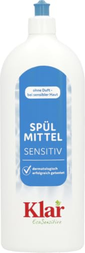Klar EcoSensitive Spülmittel SENSITIV, 1l - Ohne Duft & hypoallergen | Kraftvolles Geschirrspülmittel flüssig - Biologisch abbaubares Handspülmittel mit hoher Fettlösekraft - Vegan Dish Soap