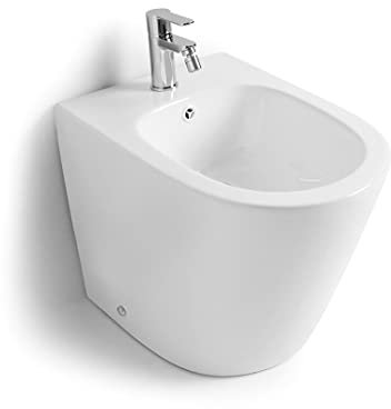 Kiamami Valentina - Bidet A Terra Filomuro | Ceramica Rimless | Forma Arrotondata | Facile da Pulire | Compatto, Bianco, A Terra, Ceramica