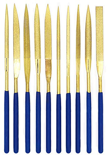 Lot de 10 limes à aiguilles diamantées, 140mm Titane Diamant revêtement Aiguille Plat fichier Ensemble, Mini lime à aiguilles pour métal souple, bois, pierre et plastique