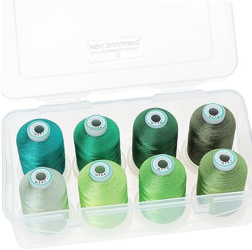 New brothread - 18 Optionen - 8 Schnappen Spulen von 1000m jeder Polyester Maschine Stickgarn mit Klarer Kunststoff Aufbewahrungsbox für Stickerei & Quilten - Different Green