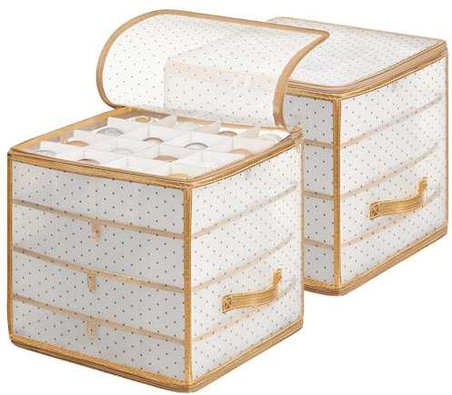 SONGMICS Aufbewahrungsbox für Weihnachtskugeln, 2er Set, Weihnachtskugeln Aufbewahrung, insgesamt 128 Fächer je 7,6 cm, herausnehmbare Tabletts, je 33,5 x 33,5 x 34 cm, sandiges Gold RFB029A02