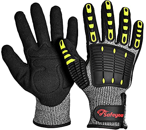 SAFEYEAR Level 5 Cut Resistant Safety Gloves, Nitrile Sand Coated with TPR Impact Protection, Yellow Anti-Slip & Anti-Vibration Work Gloves, Size M - for Construction, Industrial Use, Heavy-Duty Tasks