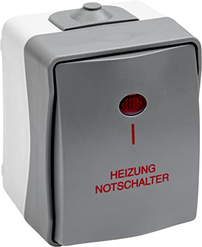 Meister Heizungsnotschalter Cave 1-fach – grau – Aufputz-Montage | Mit Kontrollleuchte – IP44 Spritzwasserschutz für Feuchtraum – Bis Leitungsquerschnitt 2,5 mm² – Feuchtraum-Lichtschalter
