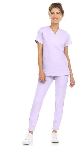 MediChic Scrub Sets for Women – 8-Pocket V-Neck Jogger Scrubs, Anti-Wrinkle, Stretch Medical Nursing Uniforms, Lavender X-Small