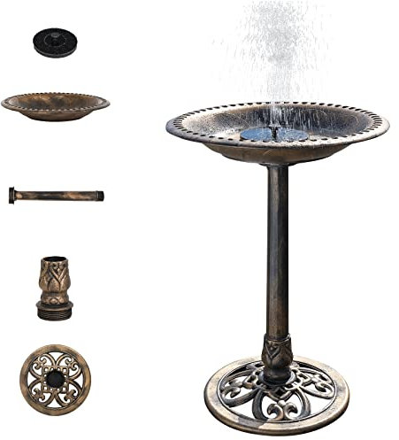 Bonnlo Bird Bath with Solar Fountain Antique Copper Weather Resistant Resin Pedestal Birdbaths Floral Accents and Vintage Finish Garden Decor for Outdoor Lightweight Courtyard-71cm Tall