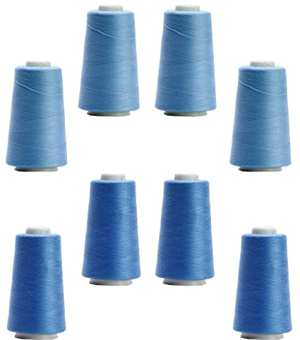 BIG-SAM 8 Konen Set Overlockgarn (2 Farben Set) je 2743,2 m Lauflänge NE 40/2 aus 100% Polyester (Azurblau & Hellblau)