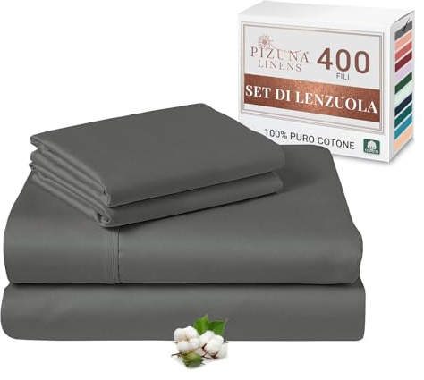 Pizuna Set lenzuola letto king size Cotone 160x200 cm Grigio 400 fili 4Pz | Set lenzuola King Size 100% cotone a fiocco lungo, 160x200 cm, colore Grigio Scuro, 400 fili - angoli, sopra, 2 federe