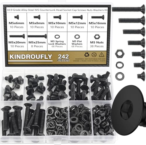 Kindroufly 242 Pieces Black M5 x 6/8 /10/12 /16/20 /25mm Countersunk Head Socket Cap Screws Nuts Washers Assortment Kit, 10.9 Grade Alloy Steel