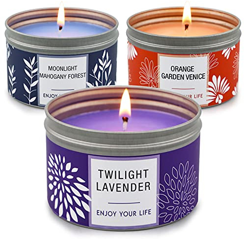 Scented Candle Gift Set for Women, 3 Pack Large Soy Wax Candles in Tins, 6.2 oz Each, 35-40 Hr Burn, Lavender, Orange Blossom & Mahogany Woods