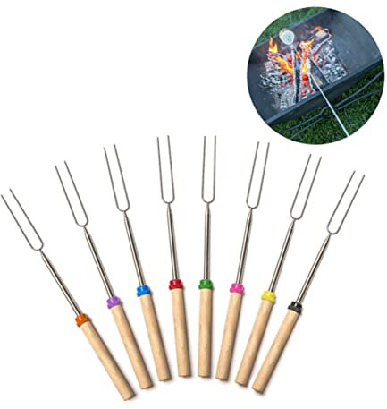 YARNOW Fourchette de Barbecue Télescopique en Acier Inoxydable Manche en Bois Argenté, Facile à Transporter, pour Hot-dogs et Guimauves Barbecue en Plein Air Couleur Aléatoire