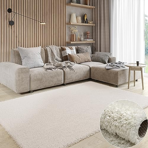 MY-RUG Shaggy Star Teppich - Kuscheliger Hochflor in Creme - 120 x 180 cm | Extra langer 37 mm Langflor in Felloptik mit rutschhemmender Unterseite, Oeko-Tex 100 zertifiziert und super soft