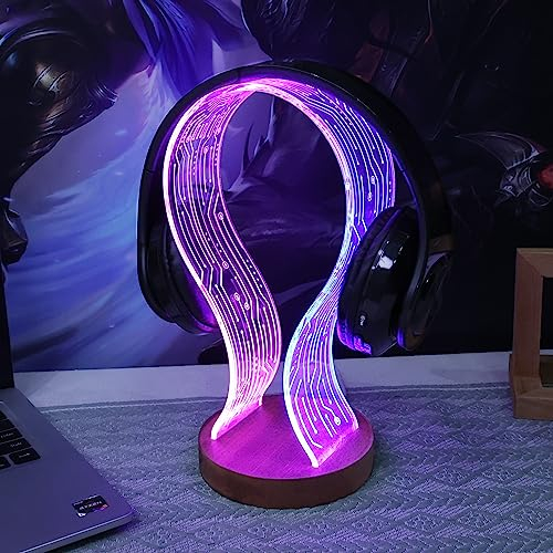 YuanDian Headphone Stand, Wood Headset Holder with Blue Pink LED Night Light for Gamers, Men, and Music Lovers - Perfect Desk Gift Idea