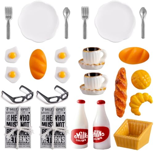 Accessoires pour Maisons de Poupées et GNOME Miniatures, 24 Pièces Ensemble de Petit-Déjeuner Cuisine Noël Décoration Cadeau, Mini Vaisselle Couverts Assiettes Œufs Lait Pain Tasse Couteau Fourchette