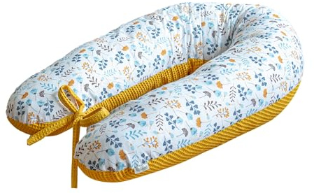 LOOLAY schwangerschaftskissen 170cm – Stillkissen und Lagerungskissen für Schwangere – 100% Öko-Tex Baumwolle – Ergonomisches Körperkissen mit Waschbarem Bezug (Senfgelb Waffel/Turkis-Gelb Wiese)