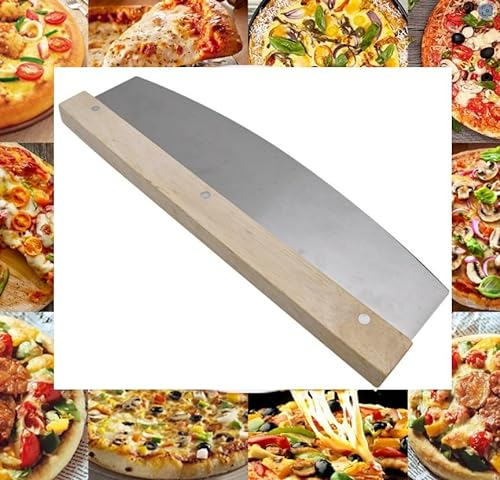 5er Set Pizzaschneider scharf Wiegemesser Kräuter- und Pizza Schneider groß Pizza Cutter aus Edelstahl und Holz Griff scharfer Pizzamesser vielseitig einsetzbares 5 Stück Pizzateiler Klinge 32,5cm