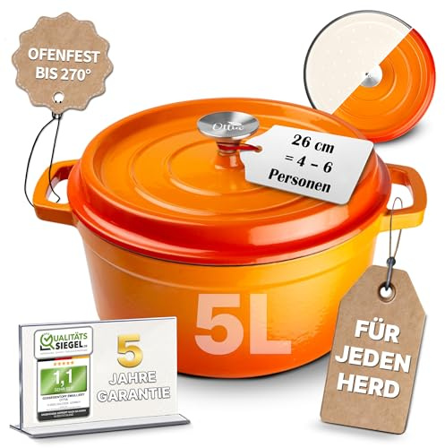 Ottia Gusseisen Topf, 26 cm, 5 Liter, Premium Emaille, Schmortopf Bräter mit Deckel, Gusseisentopf, Dutch Oven, Brotbackform, Brotbacktopf, alle Herdarten (auch Induktion), ofenfest, Händler aus HH