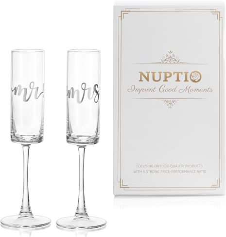 NUPTIO Champagne Glasses Mr Mrs: Set of 2 Wedding Gift Engraved Flutes Prosecco Silver His Hers Personalised Present Clear Couple Groom Bride Engagement Anniversary Valentines Birthday