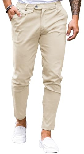 Feziakuk Pantaloni chino da uomo, in cotone, slim fit, in tessuto, casual, elasticizzati, da uomo, senza chiusura, beige., XL