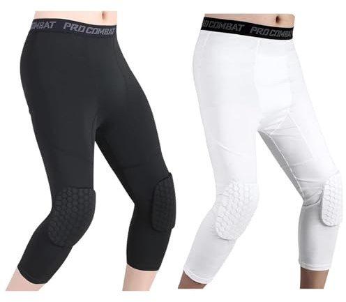 HULG Basketball Pants with Knee Pads, Knee Pads Compression Pants,Men's Basketball Pants with Knee Pads 3/4 Capri Padded Compression Tights Leggings Sports Protector Gear