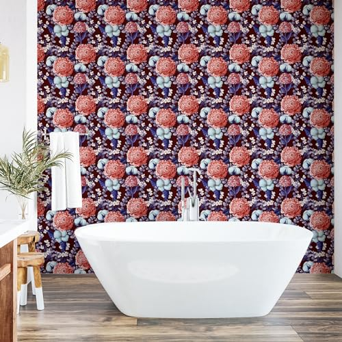 ABAKUHAUS Fleurs Papier peint autocollant pour la maison, Hortensias Romantiques Vintage, Accent de salon et de cuisine auto-adhésif, 33 cm x 180 cm, Bordeaux Mauve Saumon