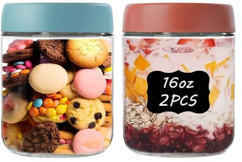 twoant Glass Jars with Lids 2 Pack 16oz Overnight Oats Snack Pudding Yogurt Container Cereal Salad Meal Prep Portion Control Food Storage Cups Bowls Airtight with Stickers and Marker