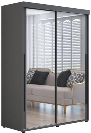 Meble Slupia Kleiderschrank IGA 2 - Schiebetüren mit Zwei Spiegel - Holzwerkstoff, Kleiderstange, Geteilte Tür - Für Schlafzimmer, Vorraum, Garderobe - Schwarze Griff - 130x202x62 cm, Anthrazit