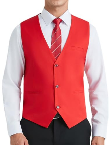 HISDERN Panciotto Uomo Rosso Formale Elegante Classico Gilet da Abito Uomo Cotone Matrimonio Panciotti in Tinta Unita Con Tasche M