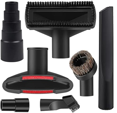 7Pcs Universal Vacuum Attachment Kit Wet Dry Plastic Vacuum Hose Adapter 1-1/4 Vacuum Cleaners Accessories with Horse Hair Brush Extension Wand Flexible Crevice Tool Adapter for Shop Vac