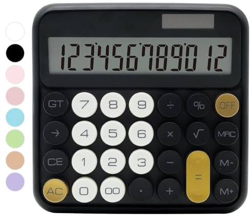 Calculadora Negra, calculadora estándar de 12 dígitos con Pantalla LCD Grande y Botones Grandes, Accesorios de Oficina de Color Negro y Dorado para Mujer, Bonita calculadora para Oficina, Escuela,