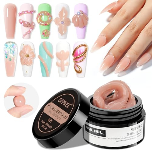 SUPWEE Solid Builder Gel Nail, 14g Nude Non-Sticky 3D Sculpture Gel | for Carving Patterns Decoration Nail Strengthen Soak Off Nail Art Salon Home