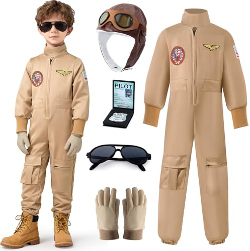Tacobear Pilota Costume Carnevale Bambino Costumi di Carnevale Militare Cappello Aviatore Occhiali da Sole Cosplay Compleanno Vestito Carnevale Bambino 3 4 5 6 7 8 9 10 Anni (130, 7-8 anni)