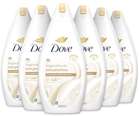 Dove Bagnodoccia Seta Preziosa, Formula con Idratante Dermo-Naturale, con 1/4 di Crema Idratante, Dermatologicamente Testato, Bagnoschiuma Uomo e Donna, 100% Bottiglia Riciclata* 6 Pezzi x 450 ml