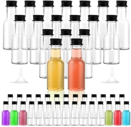 MIVIDE Mini Fläschchen Kunststoff Likörflaschen 25ml, 100 Stück | Kleine Fläschchen zum Befüllen, Wiederverwendbar Schnapsflaschen zum Befüllen mit Deckel und Trichter für Hochzeiten,Party