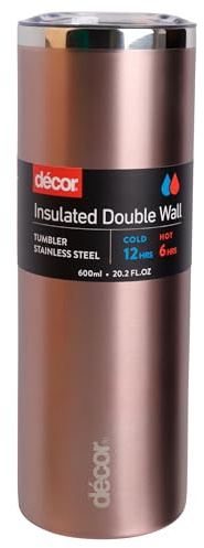 Décor Double Wall Stainless Steel Travel Mug - Keeps 6 Hours Hot - 12 Hours Cold - Car Cup Holder Compatible - Easy Drinking Access with a Slide Cap Lid - 600ml Rose Gold.