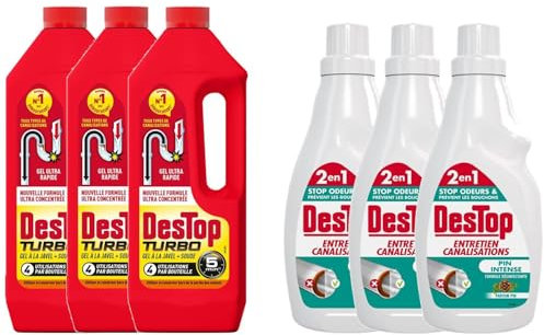 DESTOP Pack Gel Déboucheur Turbo Javel 3 x 1L + Gel Entretien Canalisations Pin intense 3 x 750ml