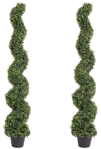 THE BLOOM TIMES 5ft Spiral Boxwood Topiary Trees Artificial Outdoor Set of 2, UV Resistant Faux Evergreen Trees - Fake Twisting Plants for Front Porch Outside Planter Decor 5 Foot