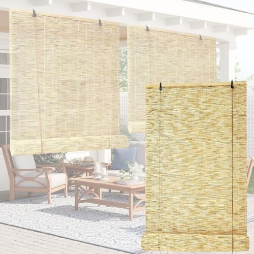 Bambusrollo Outdoor Vorhang Wetterfest, Bambus Rollo Jalousie Vorhang Sonnenschutz Mit Lifter für Fenster, Tür, Balkon, Garten, Wetterfest Aussen Außenrollo Ohne Bohren 10-180cm Breite(Natürliche)