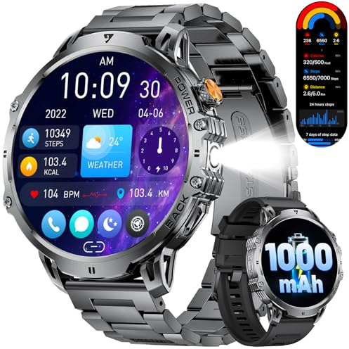 LIGE Montre Connectée Homme avec 1000mAh/1,85'' HD Grand Écran/LED Lampe,Smartwatch Homme avec Moniteur de Fréquence Cardiaque et Sommeil/110+ Modes Sportifs,IP68 Étanche Android iOS,Noir