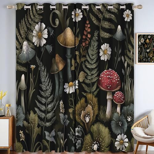 CECE&COLE Sage Green Retro Rural Style Blackout Curtains for Bedroom, Full Room Darkening Grommet Curtains for Living Room,Thermal Insulated Ferns Mushrooms Drapes,W 66×L 90,2 Panels