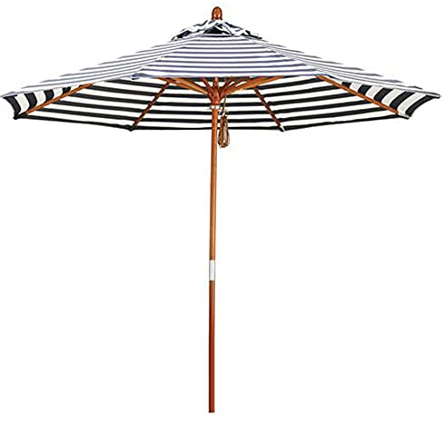 Parasol de Plage Rond Pliable en Bois à Rayures Noires et Blanches, 270 cm, pour Jardin, pelouse ou Piscine, 8 Baleines